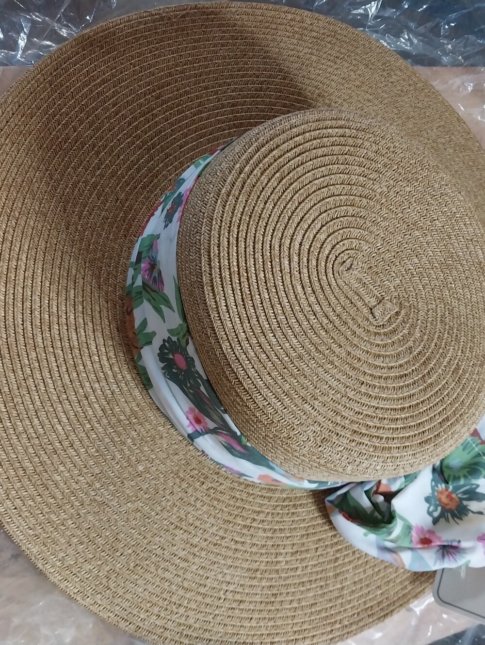 San Diego Hat Company Tan Straw Sun Hat with Floral Scarf